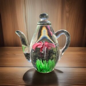 Dynasty Gallery Art Glass Teapot Paperweight Flower Heirloom Grandmacore 6"